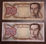 Lot 2 bancnote Venezuela semnături diferite - 100 Bolivares 1987 și 1992