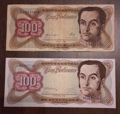 Lot 2 bancnote Venezuela semnături diferite - 100 Bolivares 1987 și 1992 foto