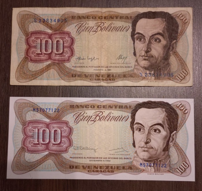 Lot 2 bancnote Venezuela semnături diferite - 100 Bolivares 1987 și 1992