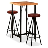 Set mobilier bar 3 piese lemn masiv de acacia &amp; piele naturală
