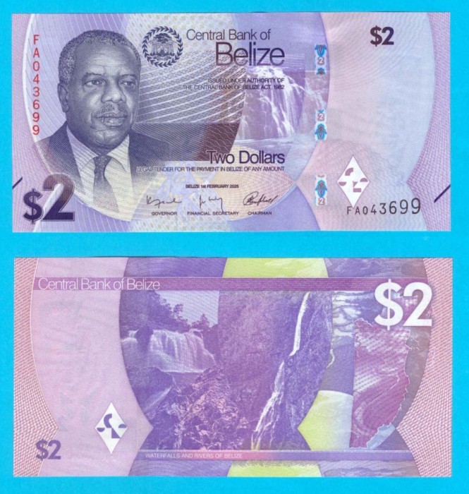 Belize (p#NOU) 2 Dollars 2025 UNC &#039;Cascade&#039; serie: FA0436xx; Puse &icirc;n circulație pe 4 August 2025