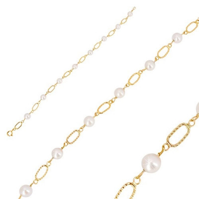 Brățară din aur 585 - perle albe rotunde, zale ovale cu crestături foto