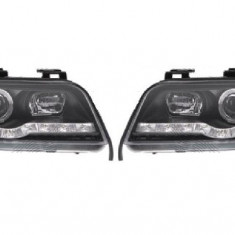 Set faruri Audi A6 (C5), 06.2001-01.2005, partea Stanga+Dreapta, Tuning, Fata, cu lumina de parcare LED; tip bec H1+H1; electric; negru, transparent;