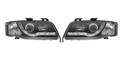 Set faruri Audi A6 (C5), 06.2001-01.2005, partea Stanga+Dreapta, Tuning, Fata, cu lumina de parcare LED; tip bec H1+H1; electric; negru, transparent; foto