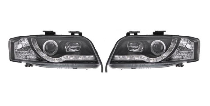 Set faruri Audi A6 (C5), 06.2001-01.2005, partea Stanga+Dreapta, Tuning, Fata, cu lumina de parcare LED; tip bec H1+H1; electric; negru, transparent;