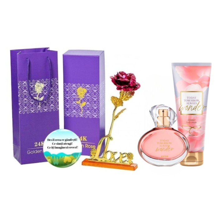 Set complet pentru Ea TTA Wonder (apa de parfum, lotiune de corp), insotit de insigna Dactylion cu mesaj motivational, cadou un trandafir rosu suflat