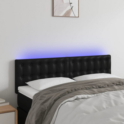 vidaXL Tăblie de pat cu LED, negru, 144x5x78/88 cm, piele ecologică foto