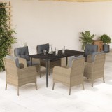 Set masa gradina 7 piese vidaXL, poliratan bej, perne incluse, 160x80x74 cm, blat sticla, rezistent UV