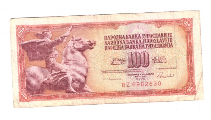 Bancnota Yugoslavia 100 dinara 1986, stare relativ buna
