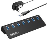 Hub USB Cu 7 porturi USB 3.0, FIDECO, Type-C, Adaptor Multiport portabil, din Aluminiu, 350mb/s, alimentare PC/Priza, 5 Gbps, Negru