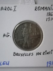 1 leu 1914 Bruxelles. Argint Romania foto