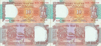 2 x 1997 , 10 rupees ( P-88f ) - India - stare aUNC Serie consecutiva ! foto