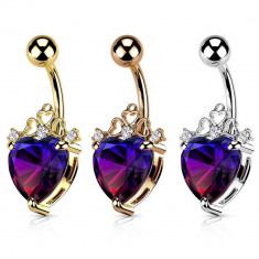 Piercing din oțel pentru buric &amp;ndash; inimă albastru-violet, coroană, diferite modele - Culoare: Auriu foto