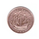 Moneda Anglia 1/2 / half penny 1943, stare foarte buna, curata, Europa, Bronz