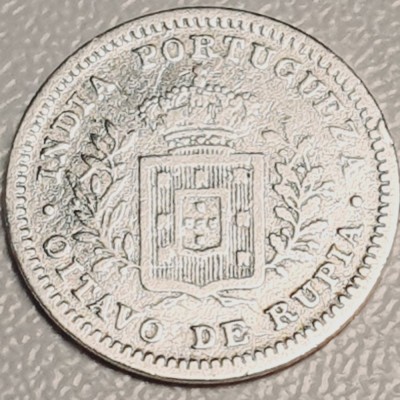 791 India Portugheza ⅛ Rupia 1881 Lu&amp;iacute;z I (Calcutta mint) km 309 argint foto