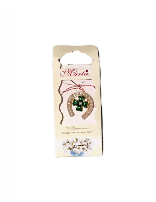 Martisor tip brosa cu model potcoava cu perle si trifoi verde pentru 1 si 8 martie