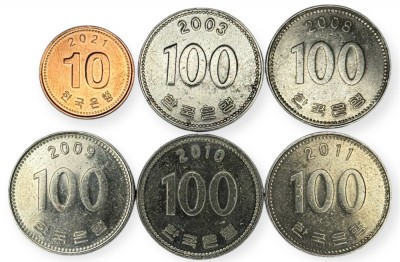 Coreea de Sud , lot 38 - 10 Won 2021 + 5 buc x 100 Won 2003 , 2008 , 2009 , 2010 , 2011 foto