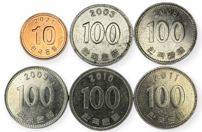 Coreea de Sud , lot 38 - 10 Won 2021 + 5 buc x 100 Won 2003 , 2008 , 2009 , 2010 , 2011