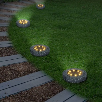 Lampi Solare Gazon, Model Piatra, 8 Becuri LED, Diametru 11cm, Inaltime 2cm, Negru, Set 4 Bucăți foto