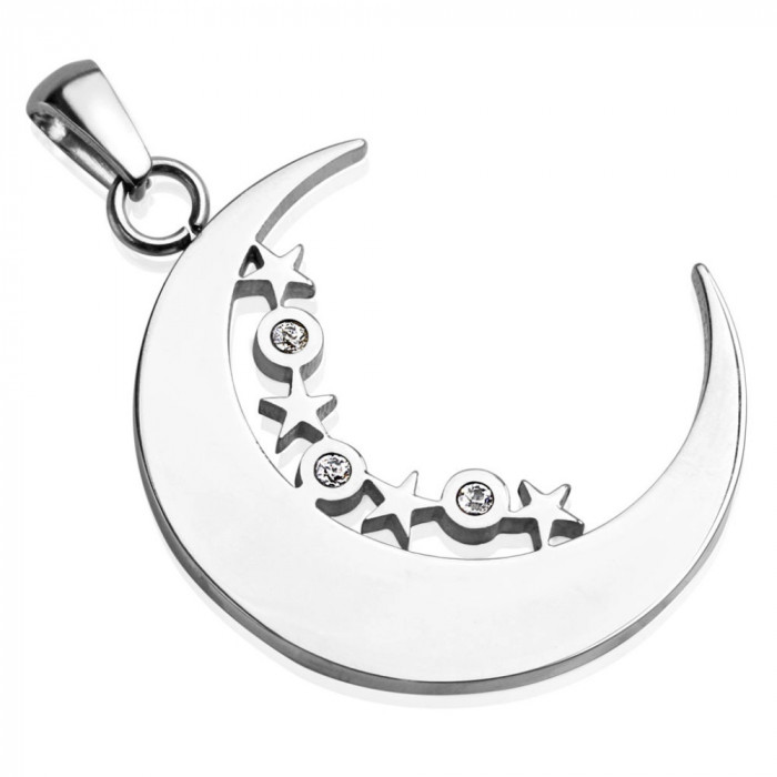 Pandantiv din oțel &icirc;ntr-o culoare argintie - jumătate de lună, stele minuscule, cerc cu zirconiu clar