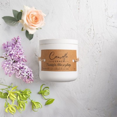 Lumanare handmade din ceara naturala de soia 100%, Trandafir, liliac si ylang, Recipient ceramic alb, 150 g foto