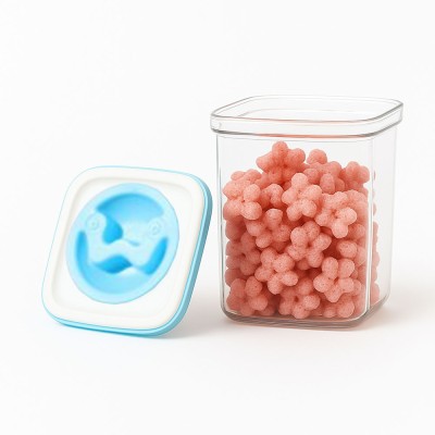 Recipient depozitare alimente 1.3l transparent cu capac albastru-alb, cutie tip container pentru cereale, paste sau gustari, 11.5x15 cm foto
