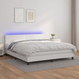Cumpara ieftin Pat cu arcuri, saltea și LED, alb, 180x200 cm, piele ecologică