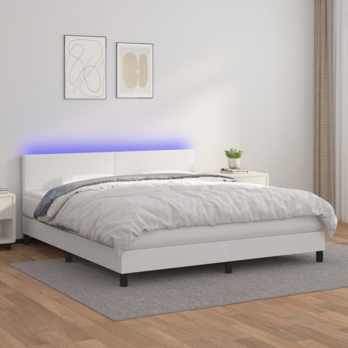 vidaXL Pat cu arcuri, saltea și LED, alb, 160x200 cm, piele ecologică 3134112