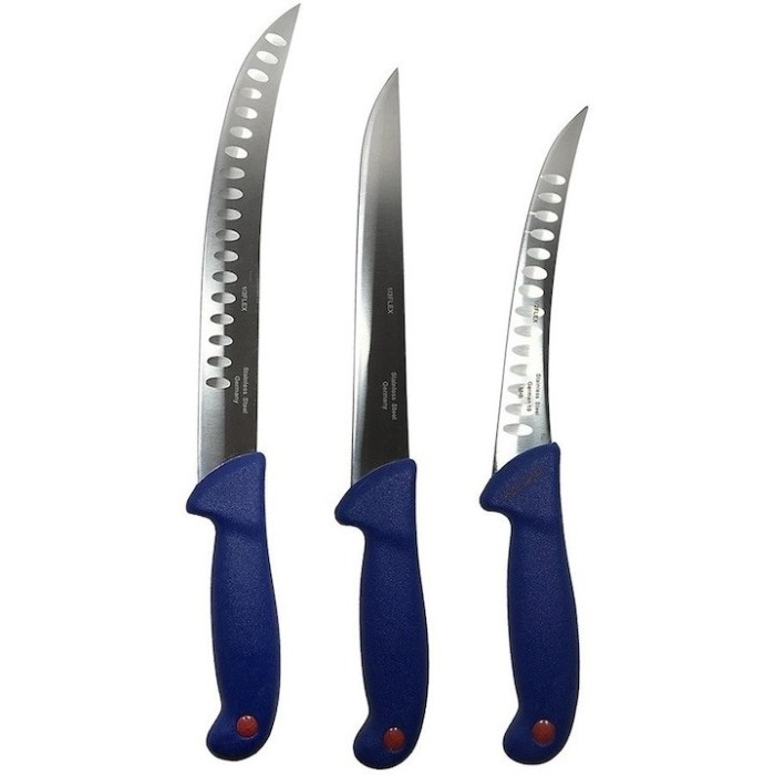 Set profesional de macelarie, filetat, transat, injunghiat, dezosat, 3 cutite, otel carbon