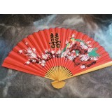 Evantai mare perete Feng Shui rosu, pauni cu flori de cires 90 cm x 160 cm