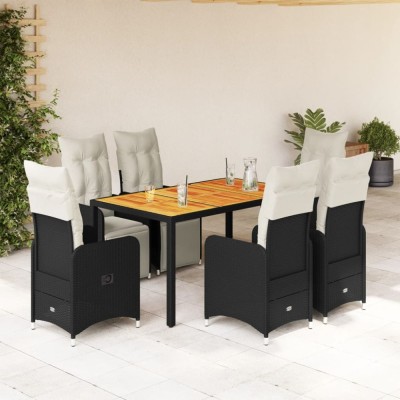 vidaXL Set bistro de grădină, 7 piese, cu perne, negru, poliratan 3277130 foto