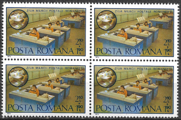 ROM&Acirc;NIA 1979 - LP 996 - ZIUA MĂRCII POȘTALE ROM&Acirc;NEȘTI - SERIE MNH BLOC X4