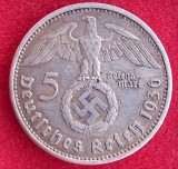 (A228) MONEDA DIN ARGINT GERMANIA - 5 MARK 1936, LIT. A, VARIANTA CU VULTUL SI SVASTIKA IN COROANA