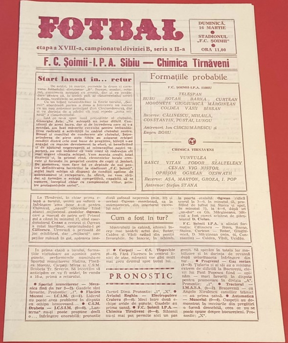 Program meci fotbal &quot;SOIMII&quot; IPA SIBIU - &quot;CHIMICA&quot; TARNAVENI (16.03.1986)