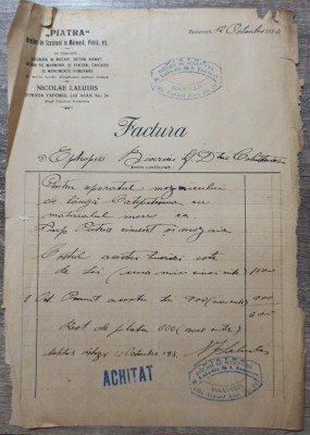 Factura atelier de sculptura ,,Piatra&amp;quot;, Nicolae Laludis, Bucuresti, 1923 foto