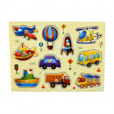 Puzzle educativ incastru Montessori cu mijloace de transport, Onore, multicolor, lemn, 30 x 22.5 cm,