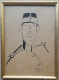 Lucrare veche semnata A. Jiquidi, tus pe hartie, Militar , sticla, rama 23 x 31