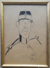Lucrare veche semnata A. Jiquidi, tus pe hartie, Militar , sticla, rama 23 x 31 foto