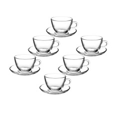 Set cesti de cafea cu farfurioare, Kopenpal, Sticla, Transparent, 6 buc, 175 ml