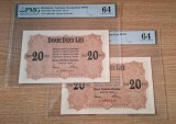 ROMANIA 20 Lei BGR 1917 consecutive, gradate PMG 64 necirculate . UNC , Banca Generala Romana