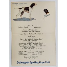 PALACE HOTEL , MAREA BRITANIE , MENIU CU RECLAMA LA &#039; SCHWEPPES SPARKLING GRAPE FRUIT &#039; PE VERSO , PERIOADA INTERBELICA