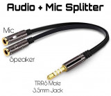 Adaptor cablu 4 pini 3.5 mm tata Jack la 2x Jack 3.5 mm mama 0.3m metal negru, Generic