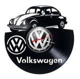 Ceas de perete decorativ realizat din disc de vinil, Model Masina Vintage Broscuta si Sigla Brandului, Text Volkswagen, Negru, 30 cm