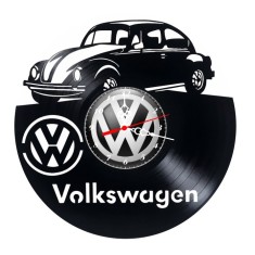 Ceas de perete decorativ realizat din disc de vinil, Model Masina Vintage Broscuta si Sigla Brandului, Text Volkswagen, Negru, 30 cm