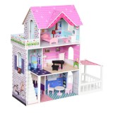 Casa de Papusi din Lemn pentru Copii 3 ani+ cu 12 Accesorii, Trei Etaje, Curte si Mobilier 86x30x87cm Roz HOMCOM | Aosom RO