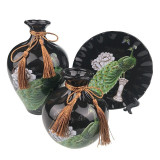 Set 2 vaze decorative si farfurie din ceramica, Paun, Negru, 723H-1
