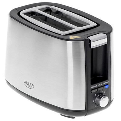 Toaster pentru paine Adler, 7 niveluri de rumenire, 900 W, oprire automata, Argintiu foto