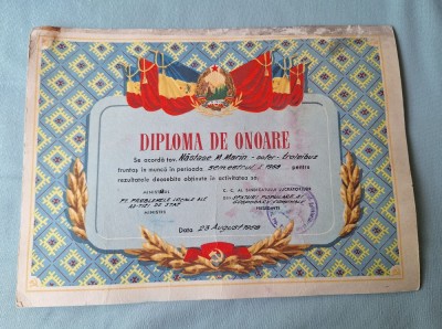 Diploma de ONOARE acordata tovarasului Nastase Marin - Sofer troleibuz, fruntas in munca in semestrul 1 anul 1958 foto