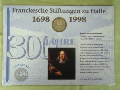 GERMANIA - Plic Filatelic si Moneda Argint &amp;quot;300 Ani Fundațiile Francke&amp;quot; - UNC foto