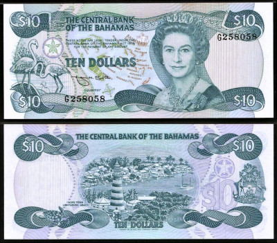 BAHAMAS █ bancnota █ 10 Dollars █ L. 1974 ( 1984 ) █ P-46b █ UNC █ necirculata foto